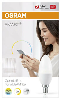 Led lamp voor slimme verlichting met kleine fitting E14 dimbaar en instelbare kleurtemperatuur wit kunststof ZigBee app bediening energiezuinig geschikt voor kroonluchters