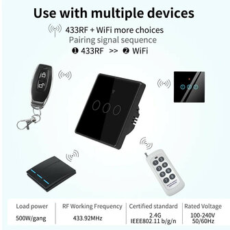 Smart WiFi Touch Lichtschakelaar domotica systeem met 3 knoppen en gehard glazen paneel