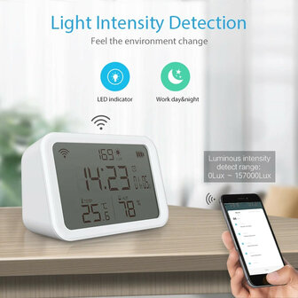 Wifi slimme 4in1 meter voor temperatuur luchtvochtigheid en lumen met wekkerfunctie en app bediening