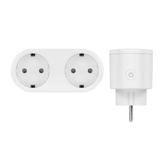 Smart tussenstekker voor binnen met wifi bediening en verbruiksmeter wit plastic opbouw montage twee stopcontacten 3680 watt maximaal