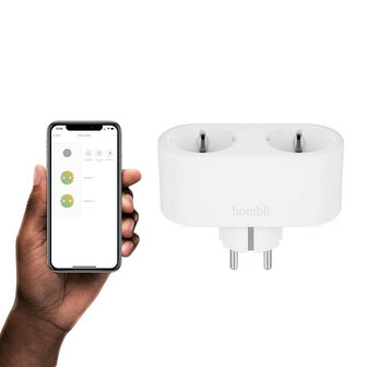Smart tussenstekker voor binnen met wifi bediening en verbruiksmeter wit plastic opbouw montage twee stopcontacten 3680 watt maximaal