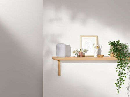 Slimme speaker voor Google Home met krachtige audio privacy schakelaar en stereo koppelbaar kunststof staand model chalk