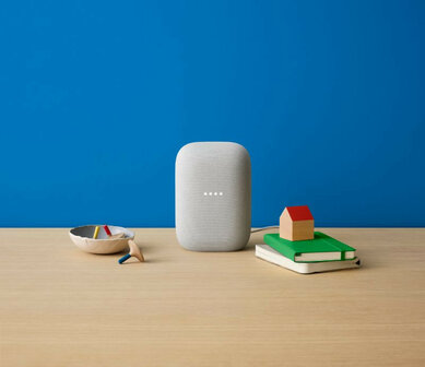 Slimme speaker voor Google Home met krachtige audio privacy schakelaar en stereo koppelbaar kunststof staand model chalk