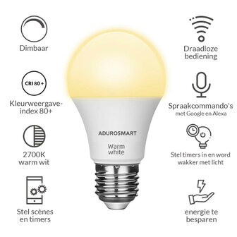 AduroSmart E27 led lamp voor warm witte dimbare verlichting 2700K met draadloze bediening en smart home compatibiliteit