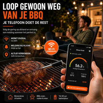 Draadloze BBQ Thermometer voor binnen en buiten met 150 meter bereik en LCD display grijs