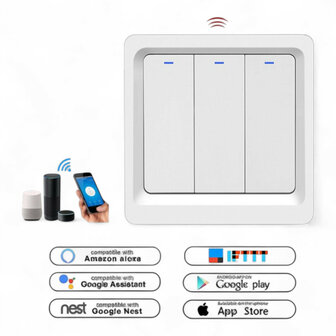 Slimme WiFi 3-voudige inbouw schakelaar voor bestaande schakelaars met controleverlichting en app bediening (wit)