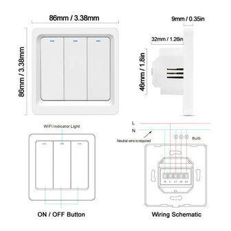 Slimme WiFi 3-voudige inbouw schakelaar voor bestaande schakelaars met controleverlichting en app bediening (wit)