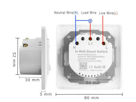 Slimme WiFi 2-voudige inbouw schakelaar voor bestaande schakelaars met controleverlichting en app bediening (wit)