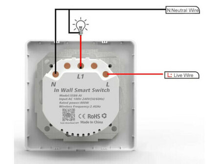Slimme WiFi 1-voudige inbouw schakelaar voor bestaande schakelaars met controleverlichting en app bediening (wit)