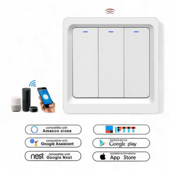 Slimme Zigbee 3-voudige inbouw schakelaar voor bestaande schakelaars met controleverlichting en app bediening (wit)