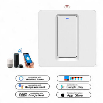Slimme WiFi 1-voudige inbouw schakelaar voor bestaande schakelaars met controleverlichting en app bediening (wit)