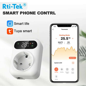 Stekkerthermostaat met NTC-sensor en Tuya Smart Life-app, 10A, Wit
