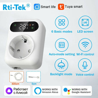 Stekkerthermostaat met NTC-sensor en Tuya Smart Life-app, 10A, Wit