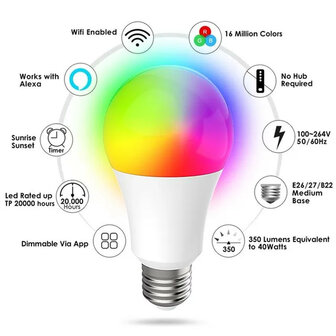 Smart lamp E27 met RGB en instelbaar wit licht via wifi en app