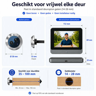 Digitale deurspion voor deuren 35 tot 150 millimeter met 3MP HD camera en tweeweg audio (incl. SD kaart)
