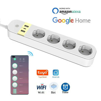 Slimme wifi stekkerdoos met 4 stopcontacten, 2 USB-A en 1 USB-C, wit