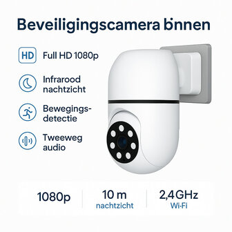 Beveiligingscamera binnen &ndash; Full HD 1080p, nachtzicht 10m, bewegingsdetectie, wit