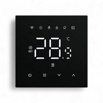 Wifi inbouw thermostaat voor elektrische vloerverwarming met zwart touchscreen en app bediening