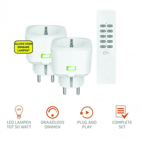 Compacte tussenstekker dimmer voor KlikAanKlikUit systeem geschikt voor led halogeen en gloeilampen tot 250 watt 2 stuks