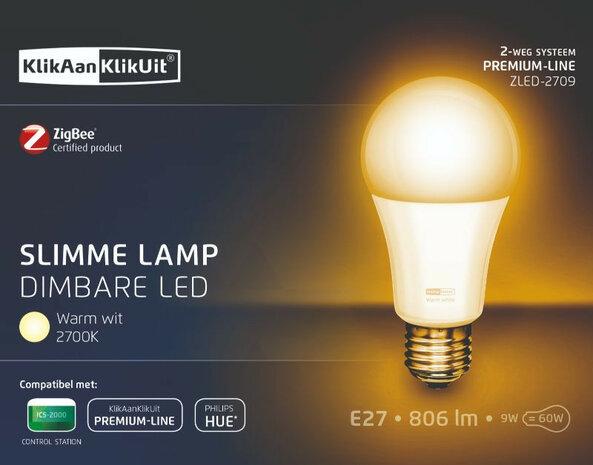 Slimme ledlamp voor verlichting met E27 fitting en warm wit licht van 2700K geschikt voor ZigBee systemen zoals Philips Hue en Ikea Tradfri