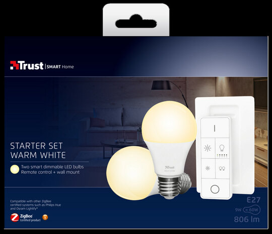 Starterset voor slimme verlichting met Zigbee systeem en warm wit licht met afstandsbediening en E27 fitting