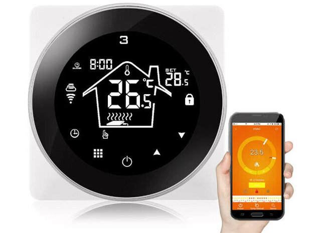 Wifi Inbouw Thermostaat voor CV en Boilers met Touchscreen Rond Zwart en Wifi Bediening