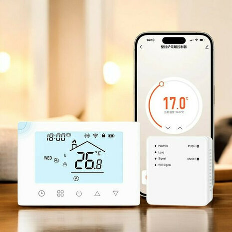 Thermostaat voor CV en boiler met touchscreen draadloze bediening en app spraakbediening wit