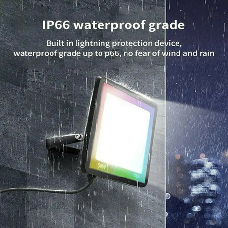 Wifi Schijnwerper voor buiten met 100 Watt RGBCW LED verlichting en IP66 waterdichtheid