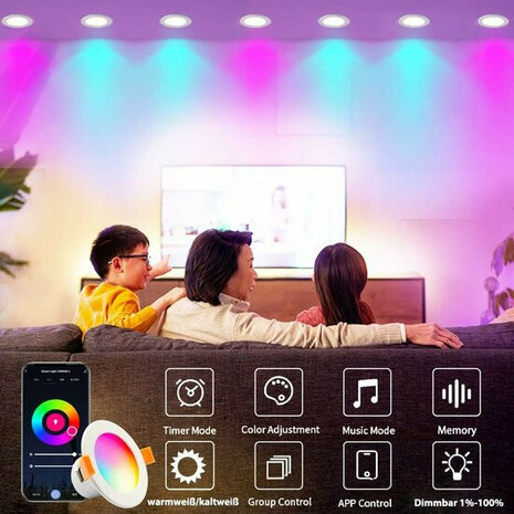 Wifi Inbouwspot voor plafond met RGB verlichting 9 watt en app spraakbediening
