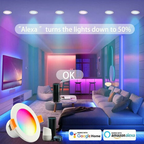 Wifi inbouwspot voor slimme verlichting met RGB en instelbare wittonen 7 watt 90 millimeter inbouwmaat
