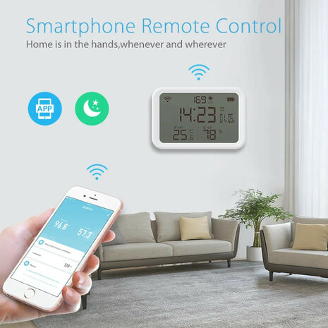 Wifi slimme 4in1 meter voor temperatuur luchtvochtigheid en lumen met wekkerfunctie en app bediening