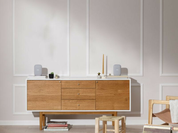 Slimme speaker voor Google Home met krachtige audio privacy schakelaar en stereo koppelbaar kunststof staand model chalk