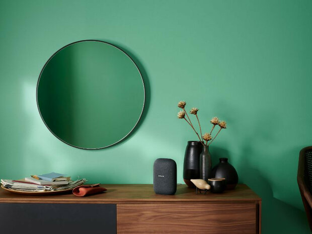 Slimme speaker voor gebruik met Google Home stereo koppeling en microfoon uitschakelaar charcoal kunststof staand