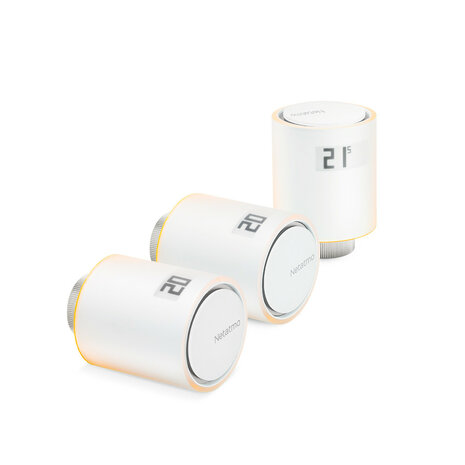 Radiatorknoppen voor woningverwarming met intelligente regeling multi zone functie en app bediening set van drie wit kunststof