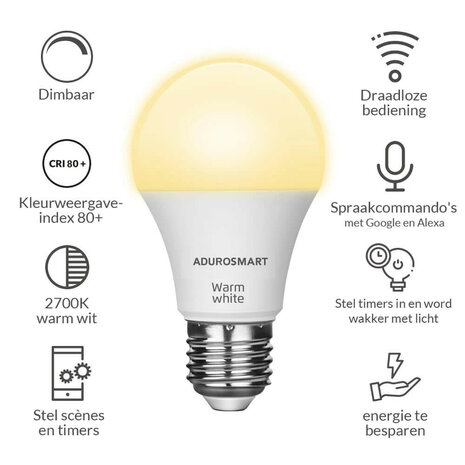 AduroSmart E27 led lamp voor warm witte dimbare verlichting 2700K met draadloze bediening en smart home compatibiliteit