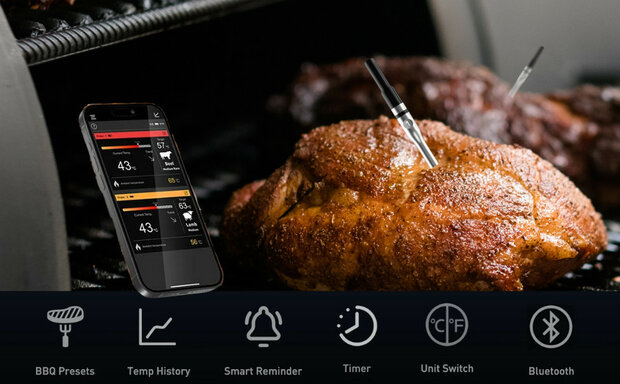 Thermometer voor BBQ en grillen met draadloze app bediening en hoge temperatuurbestendigheid