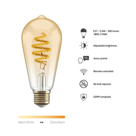 Slimme filament lamp voor binnenverlichting met wifi bediening en amberkleurig glas