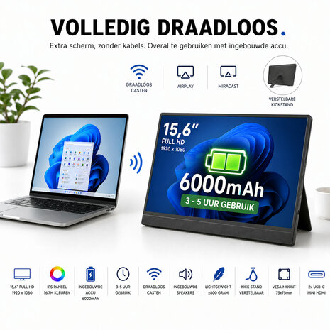 Draadloze Monitor 15,6 inch met Accu voor Laptop iPhone Android Zonder Kabels