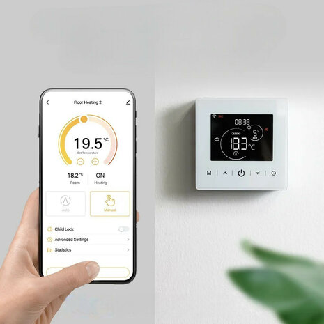 Wifi Surface-Mounted Thermostat with Touchscreen for Central Heating System (with Statistics) - Black
