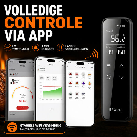 Draadloze BBQ Thermometer voor binnen en buiten met 150 meter bereik en LCD display grijs