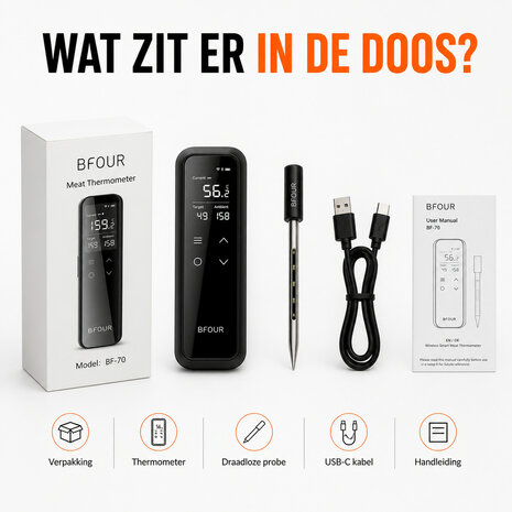 Draadloze BBQ Thermometer voor binnen en buiten met 150 meter bereik en LCD display grijs