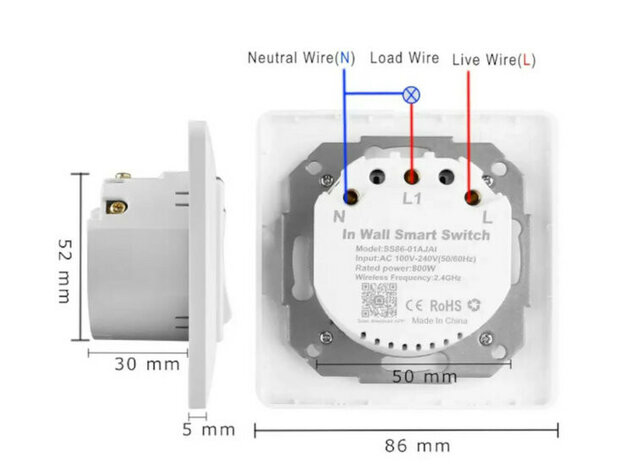 Slimme WiFi 2-voudige inbouw schakelaar voor bestaande schakelaars met controleverlichting en app bediening (wit)
