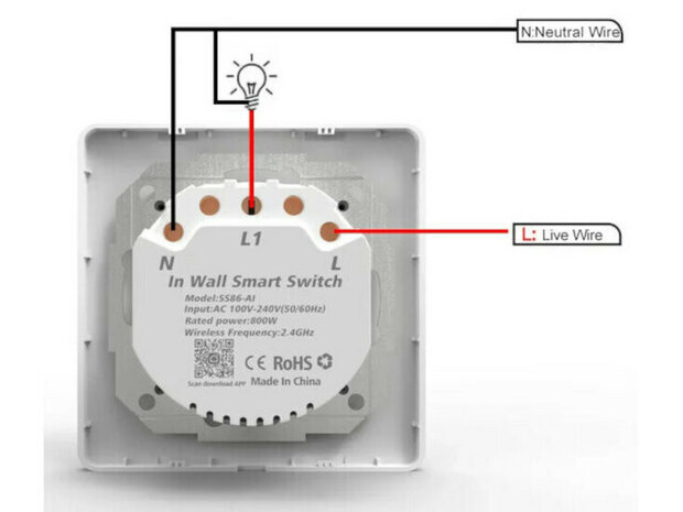 Slimme WiFi 1-voudige inbouw schakelaar voor bestaande schakelaars met controleverlichting en app bediening (wit)