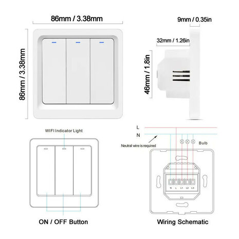 Slimme Zigbee 1-voudige inbouw schakelaar voor bestaande schakelaars met controleverlichting en app bediening (wit)