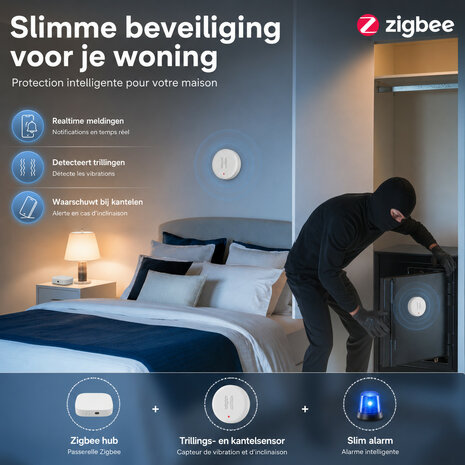 Zigbee sensor voor trillingsdetectie met realtime melding en Wifi connectiviteit