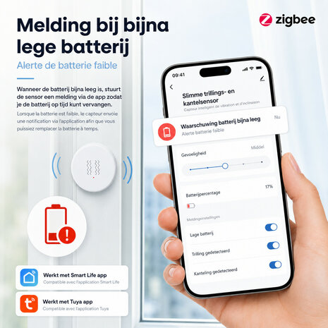 Zigbee sensor voor trillingsdetectie met realtime melding en Wifi connectiviteit