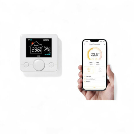 Thermostaat voor centrale verwarmingsinstallatie met draadloze wifi en draaiknopbediening