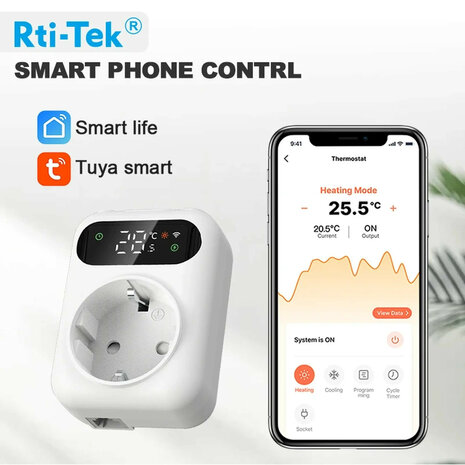 Stekkerthermostaat met NTC-sensor en Tuya Smart Life-app, 10A, Wit