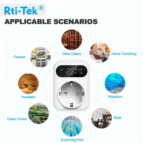 Stekkerthermostaat met NTC-sensor en Tuya Smart Life-app, 10A, Wit