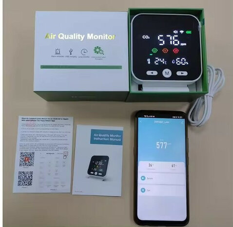 Luchtkwaliteitmeter met CO₂, WiFi, LED-display en USB voeding (wit)